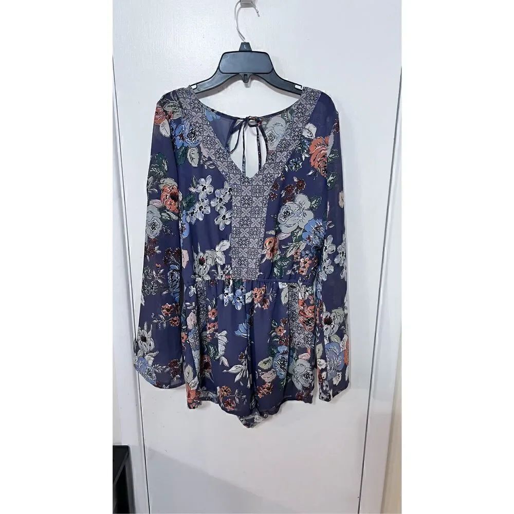 O'Neill Women's Sheer Floral Ruffled Long Sleeve Romper Purple Size S